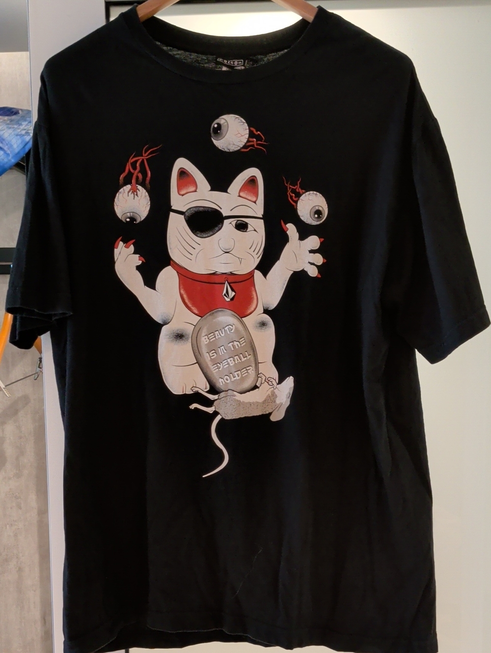 Volcom Black Tee with White and Red Lucky Cat Graphic